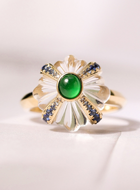 石上石原创设计2 缅甸天然A货高冰阳绿翡翠戒指蓝宝石白水晶18K金