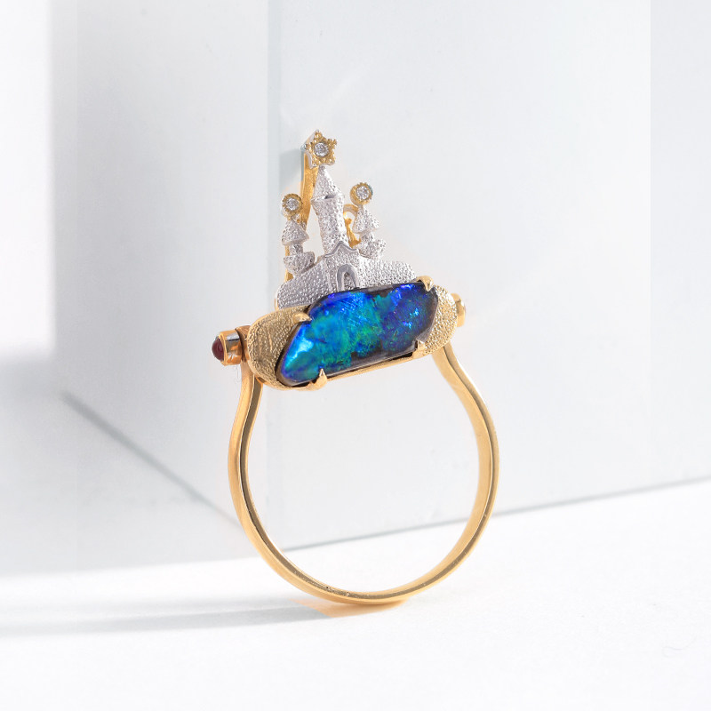 城堡戒指吊坠两用 澳大利亚天然铁欧泊原石18K金钻石指环 八月里