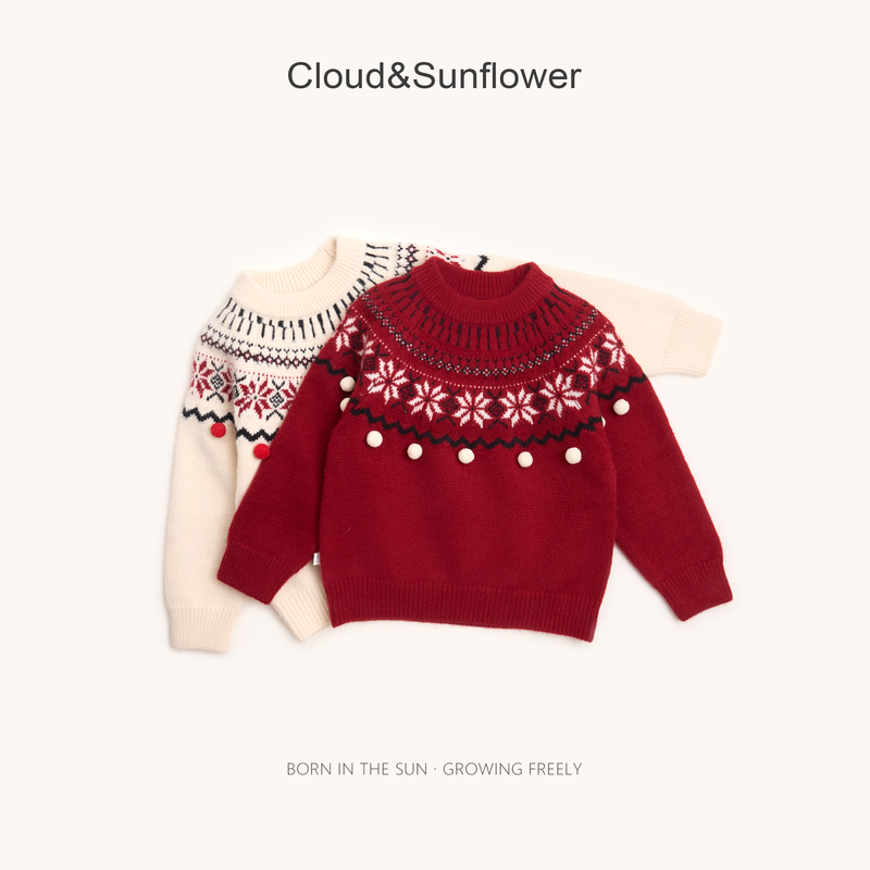【云朵小葵】女童冬季新款球球圆领雪花半高领针织毛衣555456预