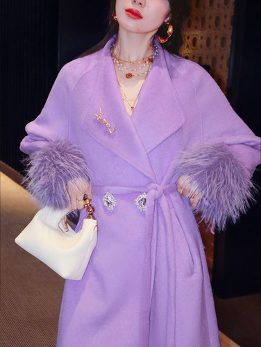 瑞苏米羊毛紫色毛呢大衣