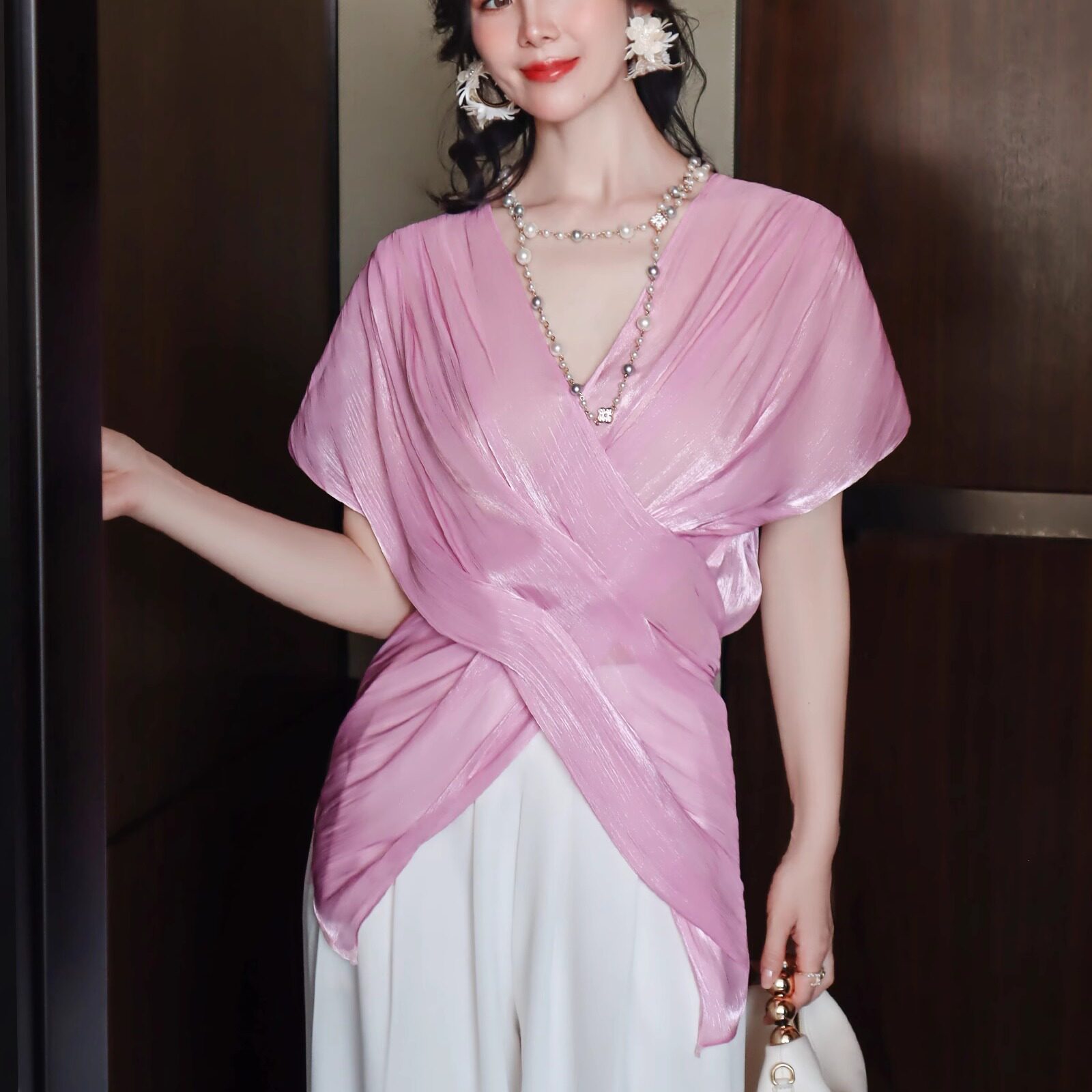 超仙海岛丝法式优雅名媛风衬衫粉紫色交叉V领薄款蝙蝠袖气质上衣