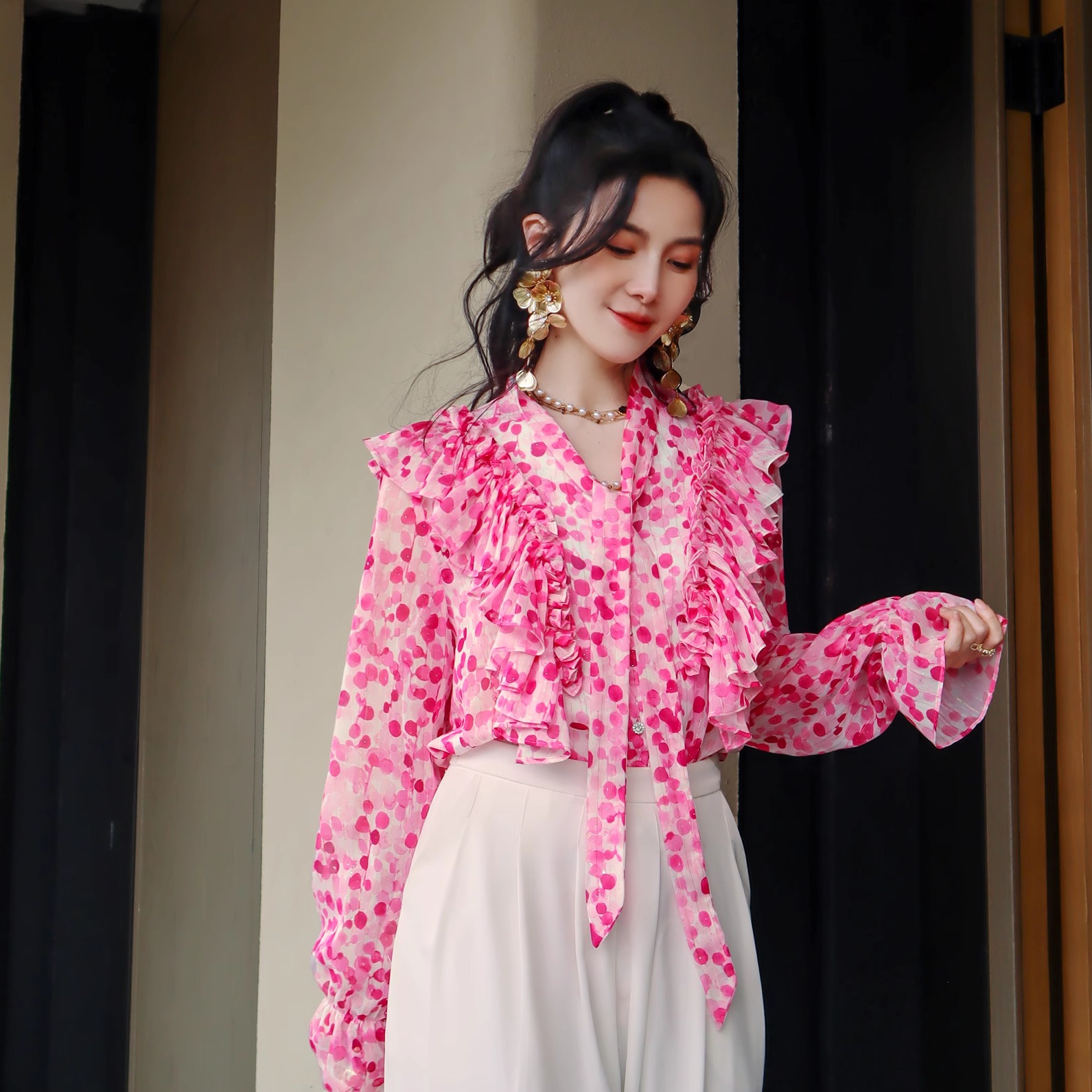 甜美风荷叶边金丝雪纺印花衬衫女