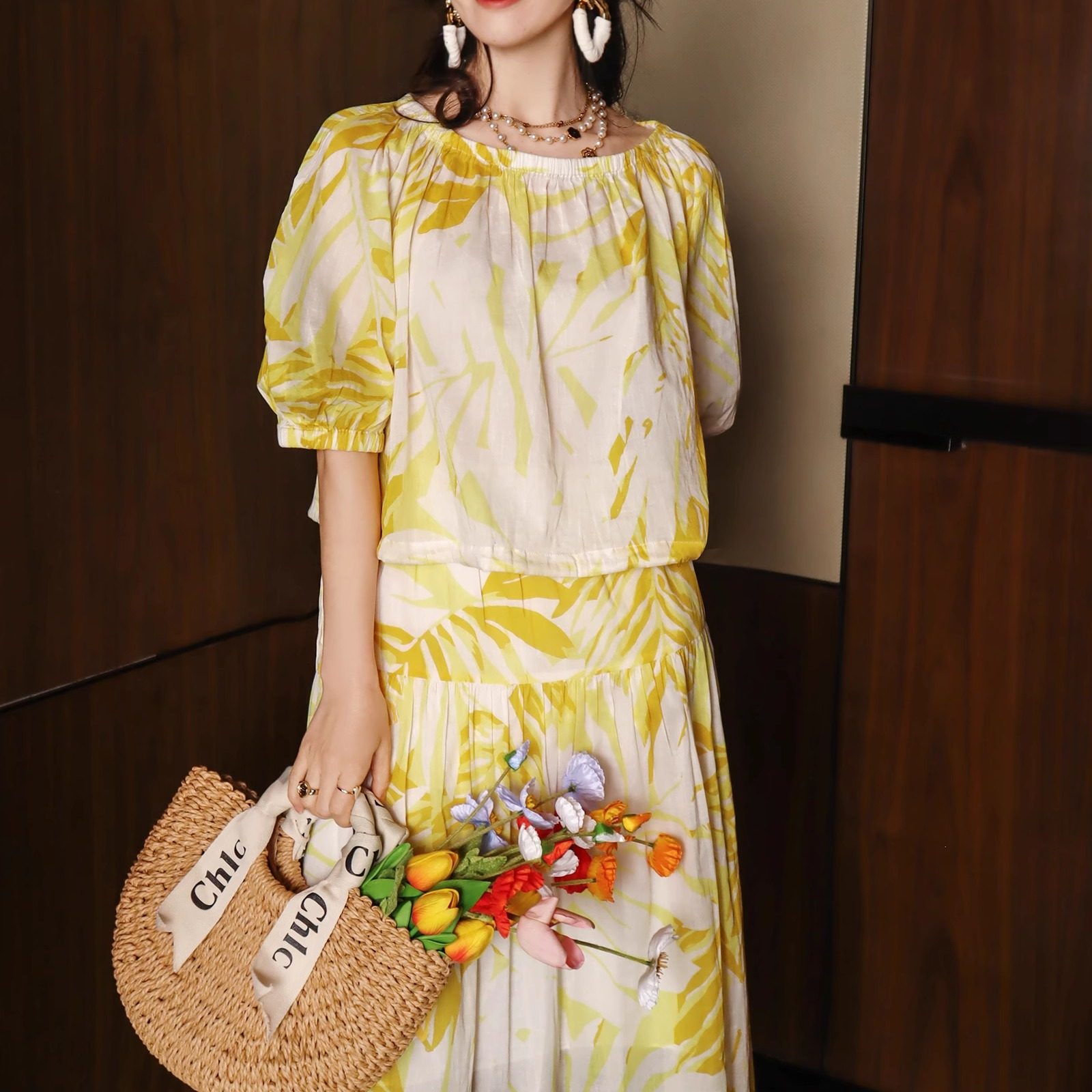 南法假日法式印花松紧一字肩宽松抽绳显白度假风透气半裙套装女夏,女装/女士精品,时尚套装,淘宝优惠券,粉丝福利购,淘宝优惠卷