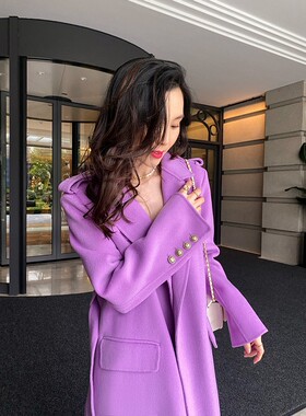 法式浪漫紫色全手工双面羊毛大衣西装领冬季过膝长款高端毛呢外套