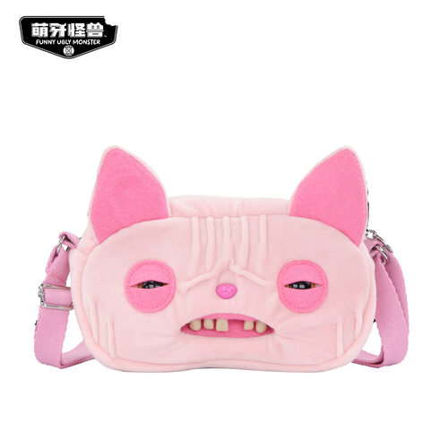 正版FUGGLER萌牙怪兽斜挎包皱叮怪无毛猫毛绒公仔包潮流单肩包