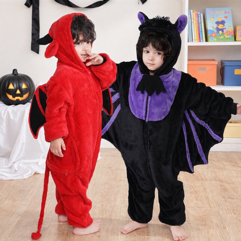 儿童万圣节恶魔蝙蝠法兰绒连体衣