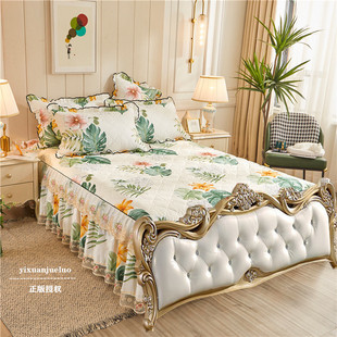 秋冬全棉欧式 床套单件 无床尾蕾丝床裙夹棉加厚绗缝纯棉床罩美式
