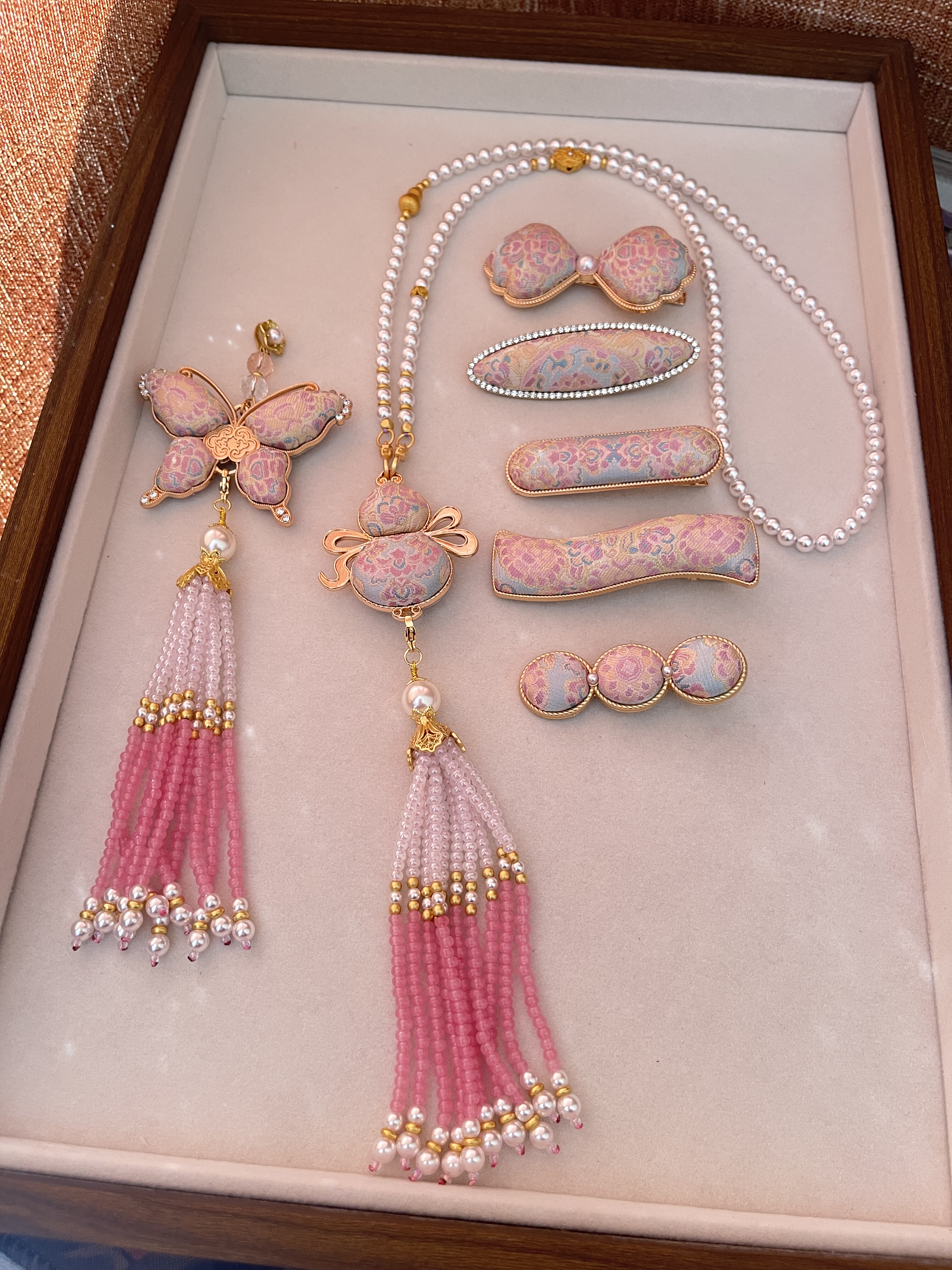 上久楷绿地团花 名家宋锦蝴蝶葫芦流苏项链万能链发夹