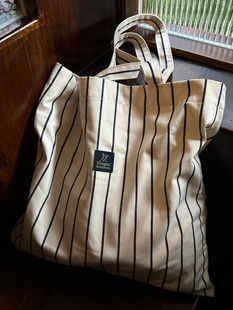 Mingen手作日系朴素黑白条纹棉布包环保袋大容量条纹控布袋