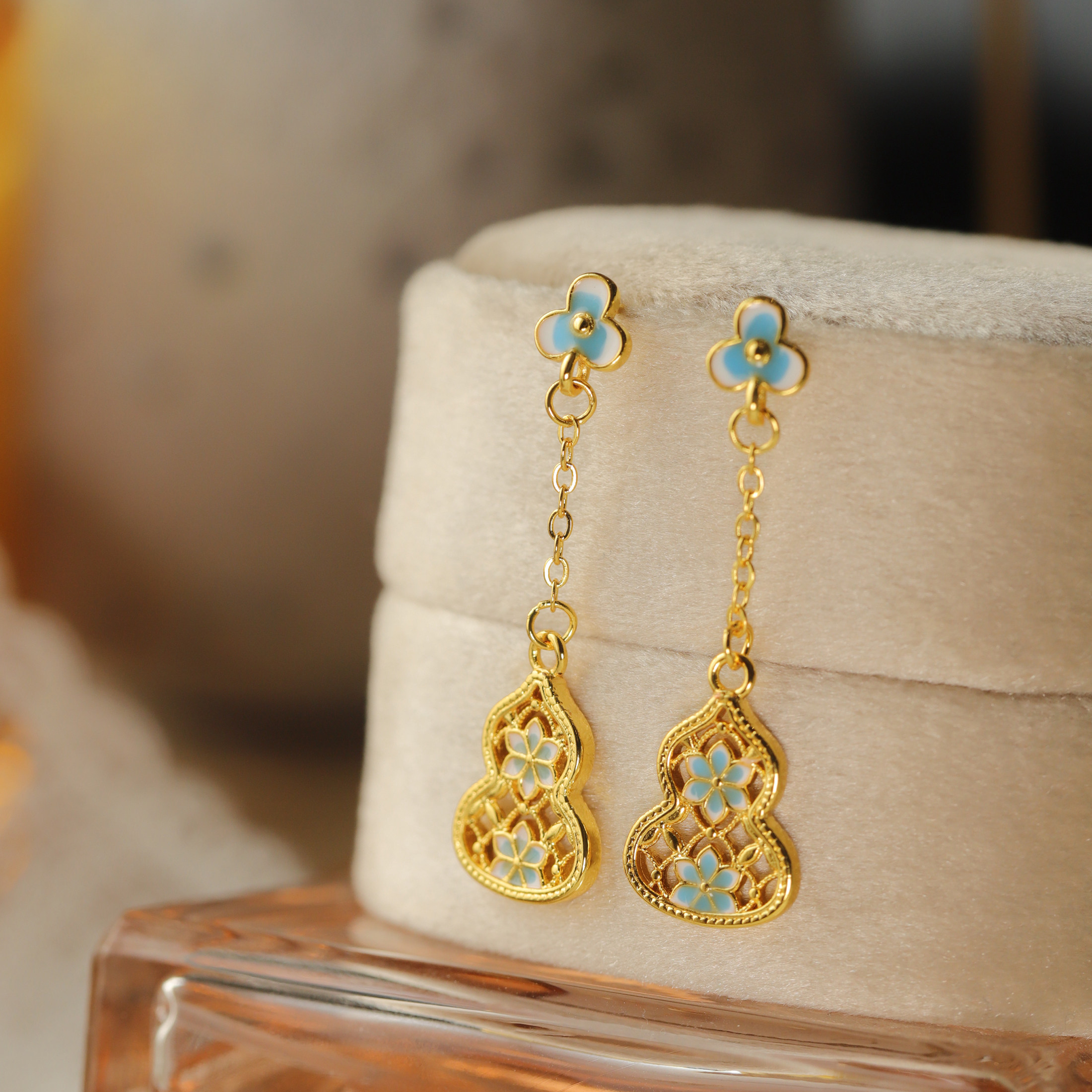 时尚新中式国风珐琅蓝葫芦耳环2026新款爆款高级感镀金复古耳钉女,饰品/流行首饰/时尚饰品新,耳钉,淘宝优惠券,粉丝福利购,淘宝优惠卷