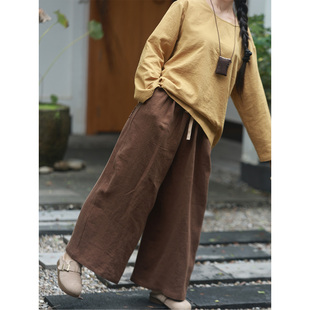 秋分浅咖/听花香盐缩砂洗亚麻宽松直筒裤慵懒休闲百搭长裤阔腿裤