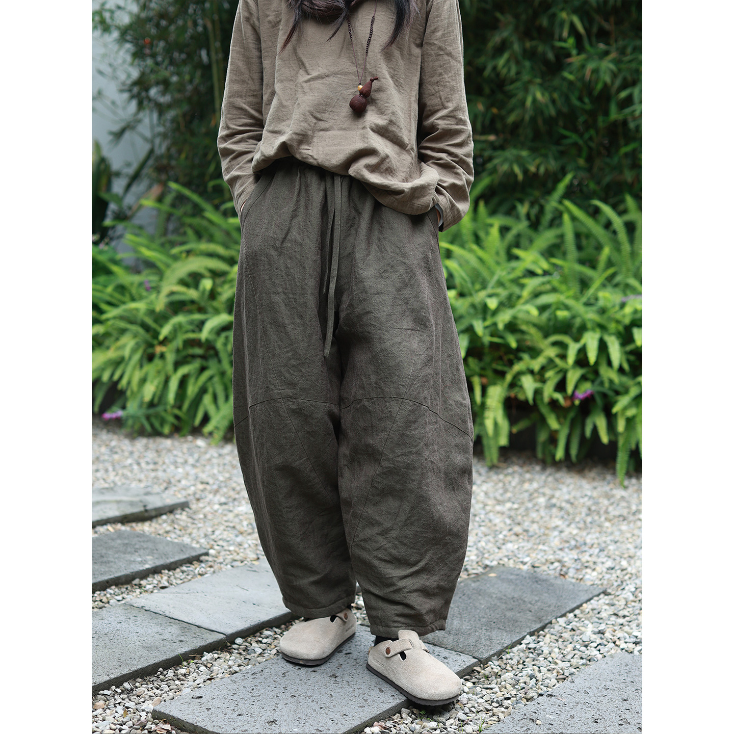 香积冬 军绿/听花香 生态色织汉麻夹棉棉裤 宽松个性加厚长裤