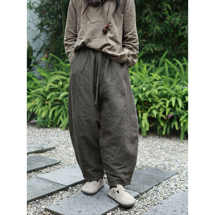 军绿 加厚长裤 听花香 宽松个性 生态色织汉麻夹棉棉裤 香积冬