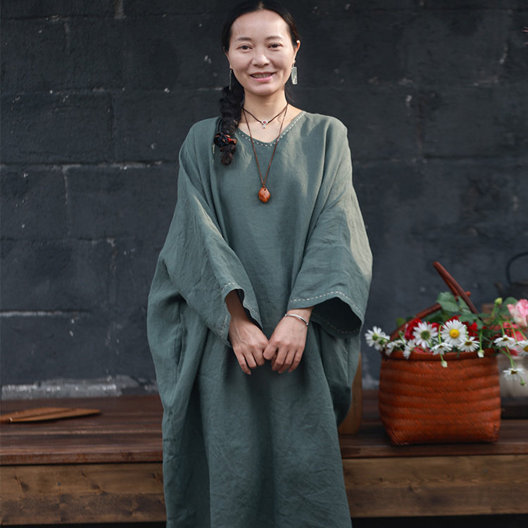 翠竹/听花香 生态汉麻长款袍子 禅意茶服 宽松连衣裙 手工缝线