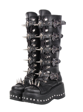 普普家2025新品经典秋冬哥特风朋克鞋底铆钉重工系带中筒靴M223
