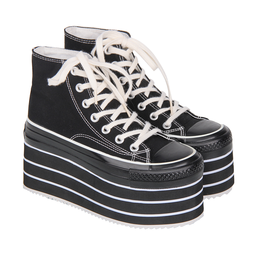 普普家 2025新品休闲PUNK单鞋小头松糕条纹厚底 系带帆布女鞋Q189