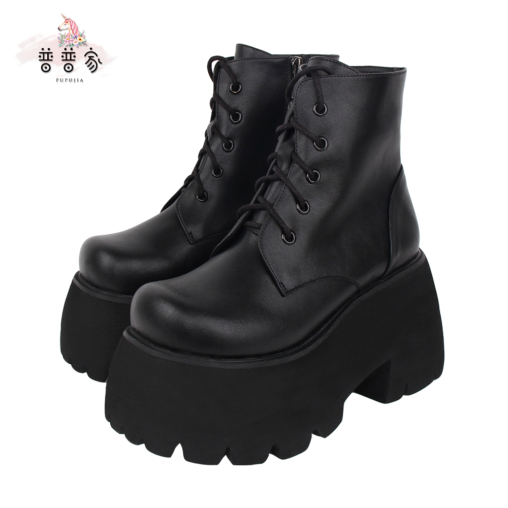 超高跟牛皮系带圆头短靴