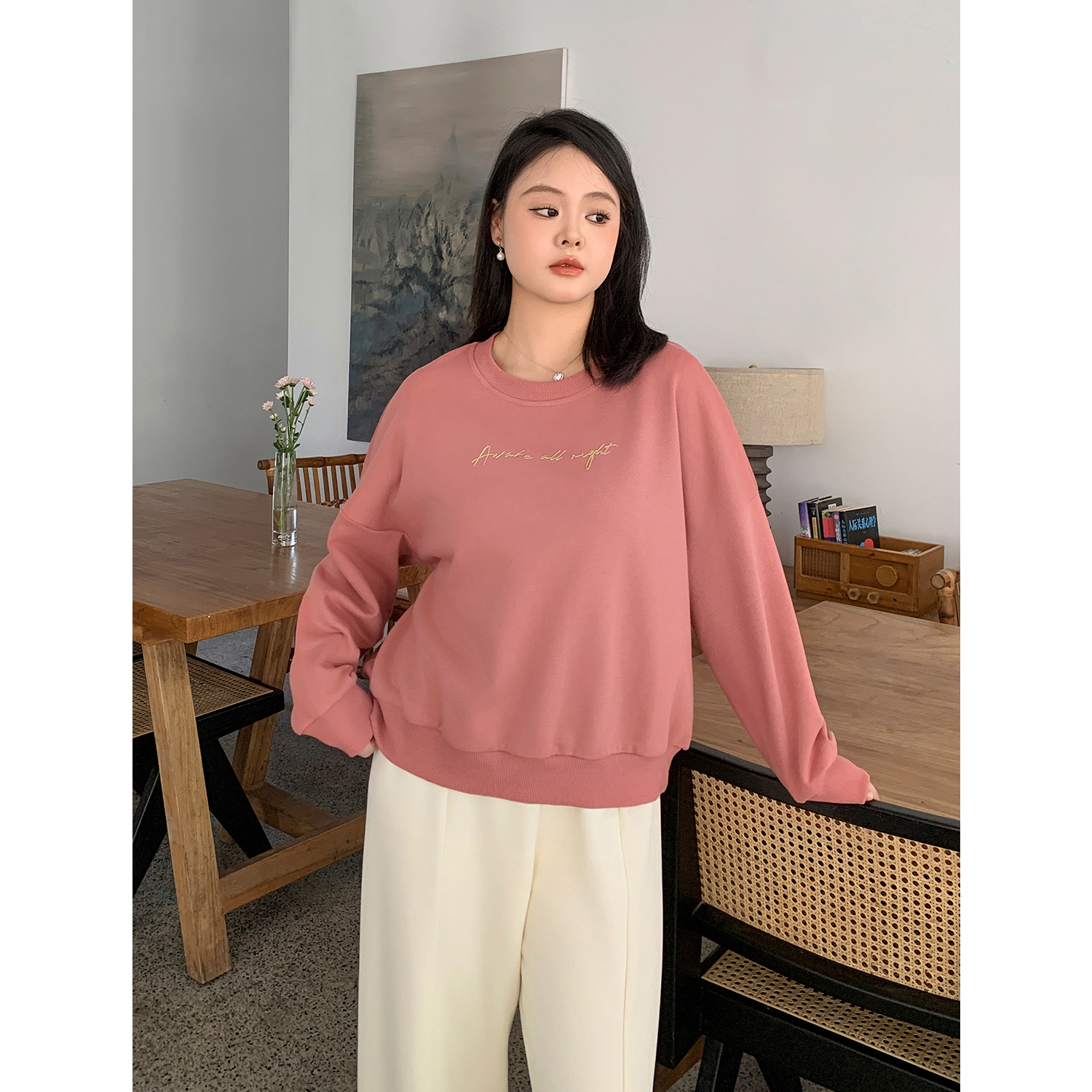 大码百分百微胖女装2024新款春显瘦宽松休闲打底上衣长袖落肩卫衣