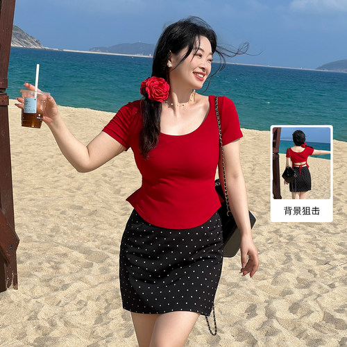 大码百分百女装夏季新款胖mm显瘦设计感露背U领正肩短袖T恤