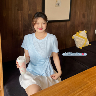 T恤 大码 百分百女装 夏季 微胖mm不规则收腰显瘦正肩褶皱短袖