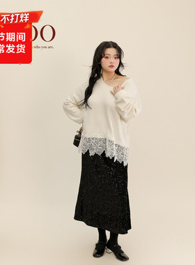 大码百分百微胖mm女装慵懒风打底衫蕾丝拼接上衣V领正肩毛衣