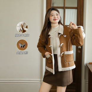 大码百分百女装微胖mm秋冬保暖宽松撞色皮毛一体羊羔毛外套