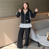 秋微胖mm花边吊带内搭韩系休闲连帽卫衣套装 大码 百分百女装