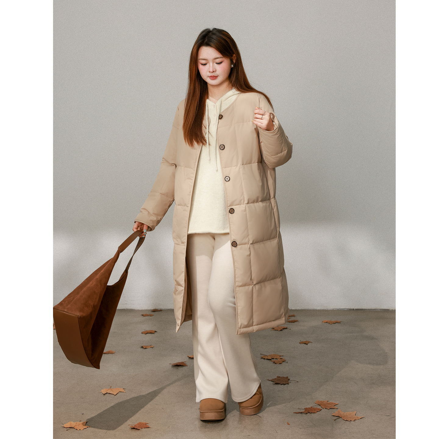 大码百分百女装微胖mm冬季宽松直筒办公室简约羽绒服外套