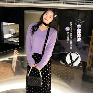 百分百微胖mm女装 V领针织衫 大码 冬季 波点丝绒半身裙时尚 套装