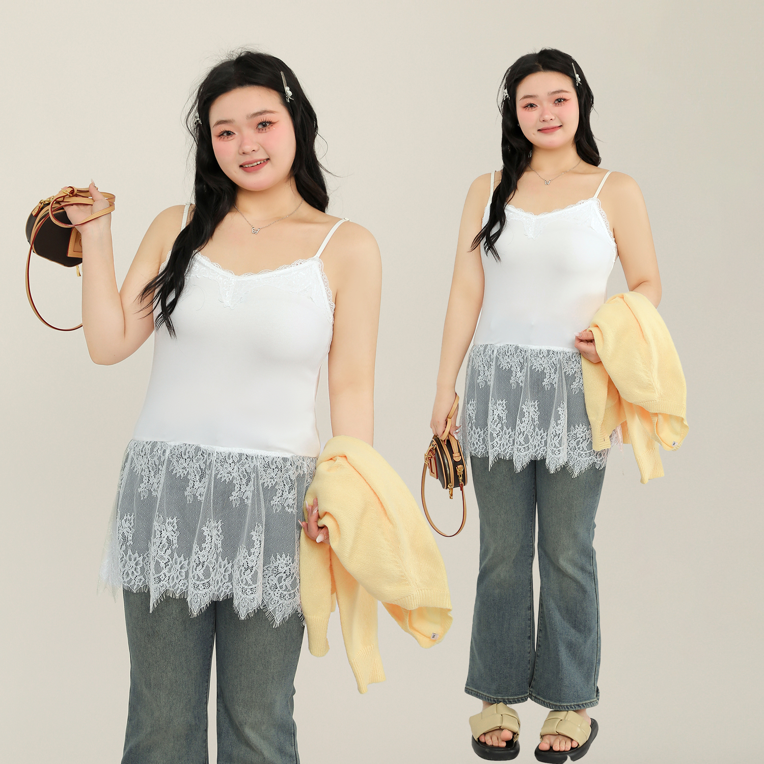 大码百分百2025夏新款女装白色打底内搭蕾丝拼接V领吊带背心