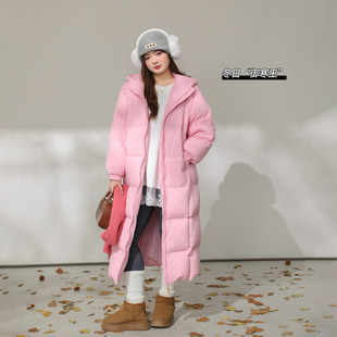 大码百分百女装微胖mm冬季休闲插肩长款加厚连帽羽绒服外套