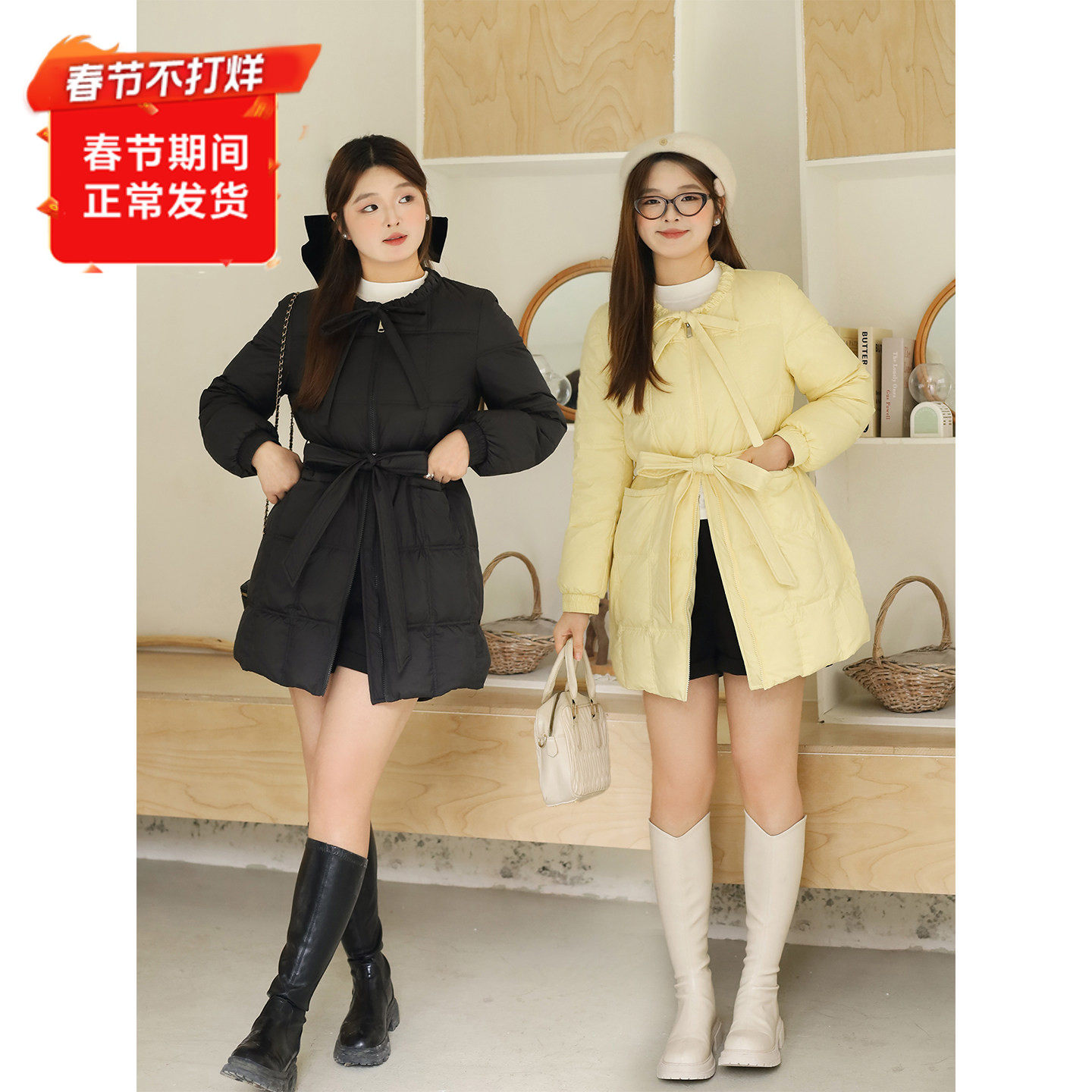 大码百分百女微胖mm冬季设计感系带豆腐格中长款羽绒服外套