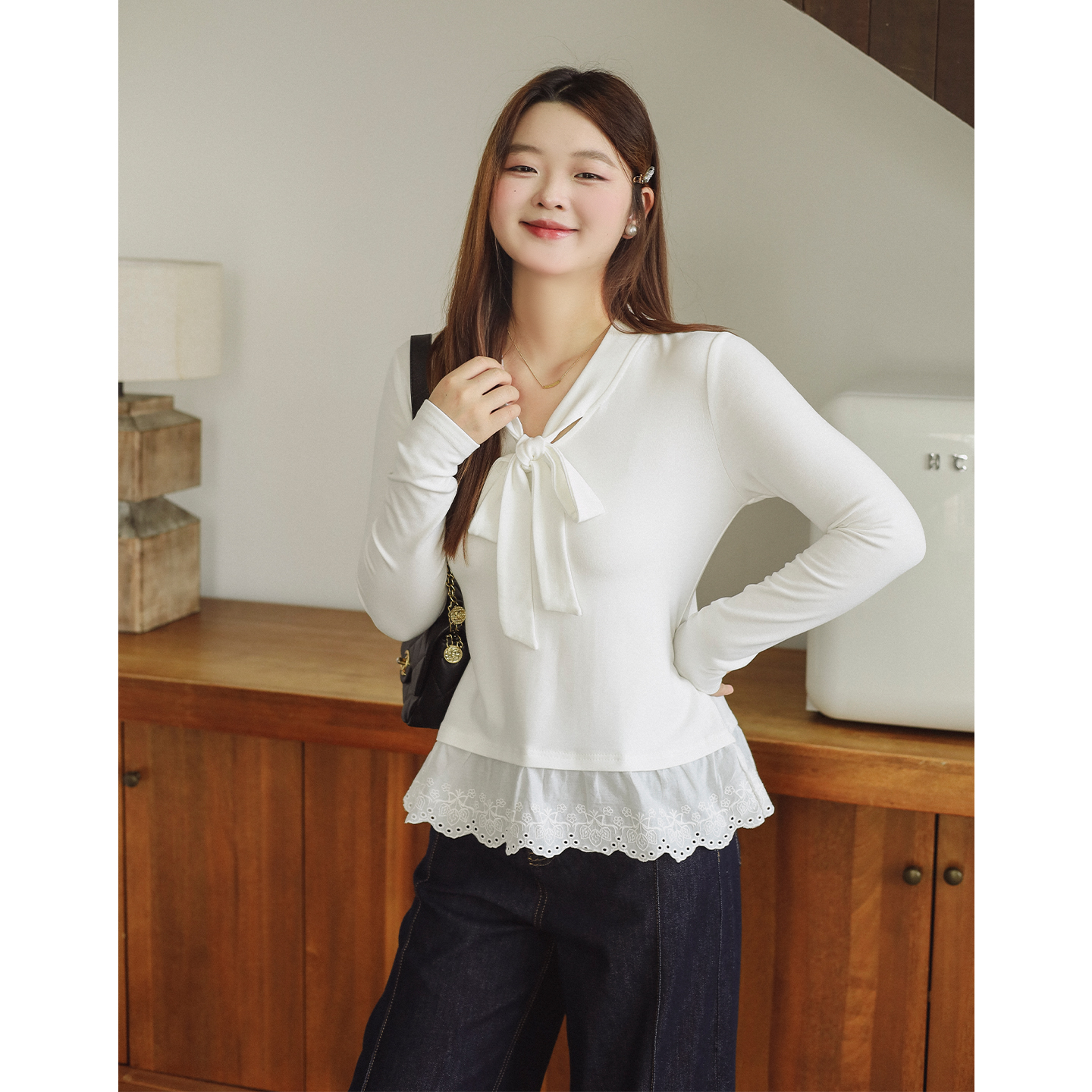 大码百分百女装微胖mm冬季内搭荷叶边系带正肩修身打底衫T恤