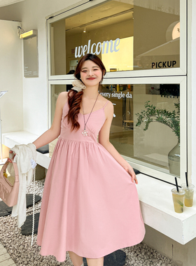 大码百分百2025夏季新款女装法式高级V领收腰粉色吊带连衣裙