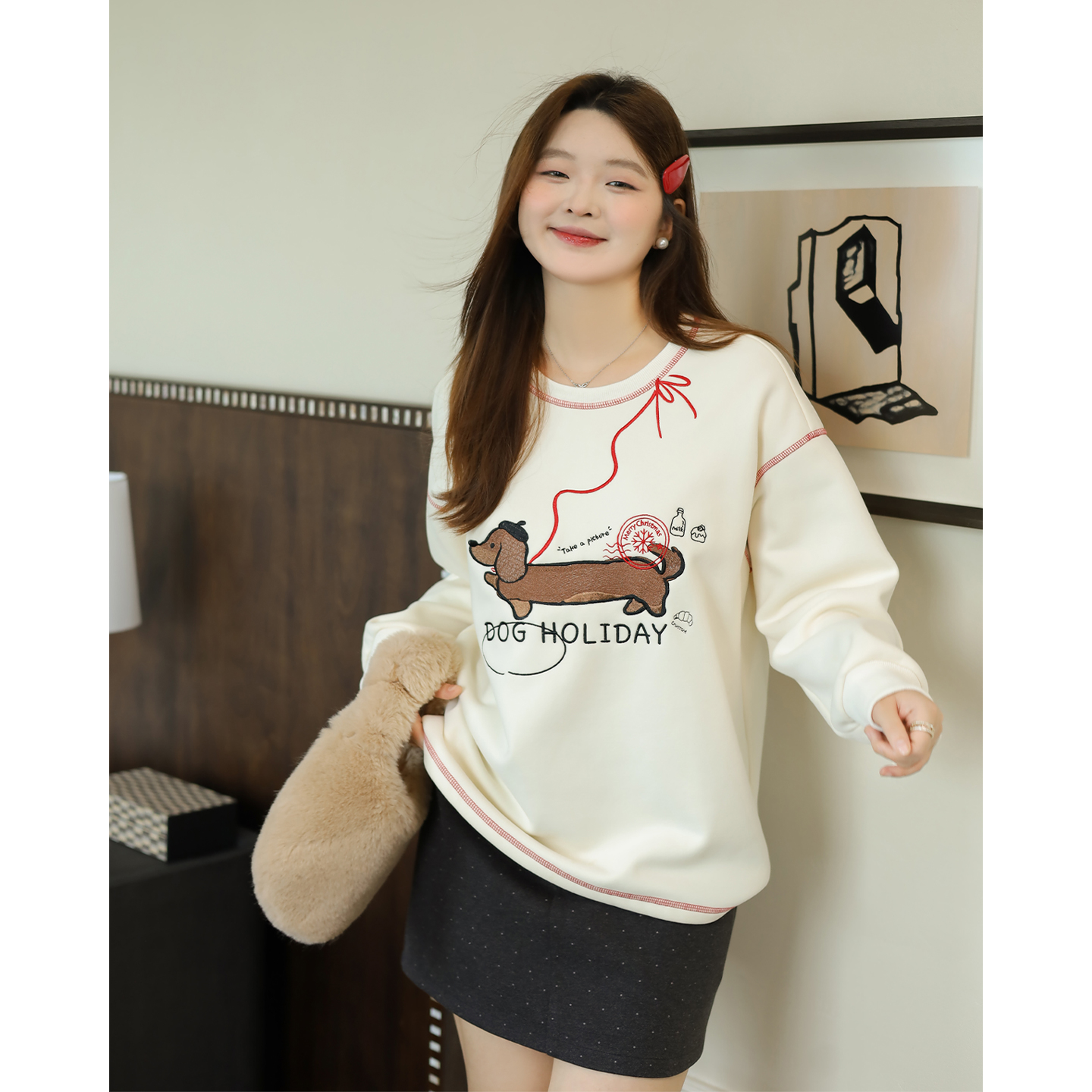 大码百分百女装微胖mm秋冬小狗刺绣加绒卫衣毛呢半裙套装