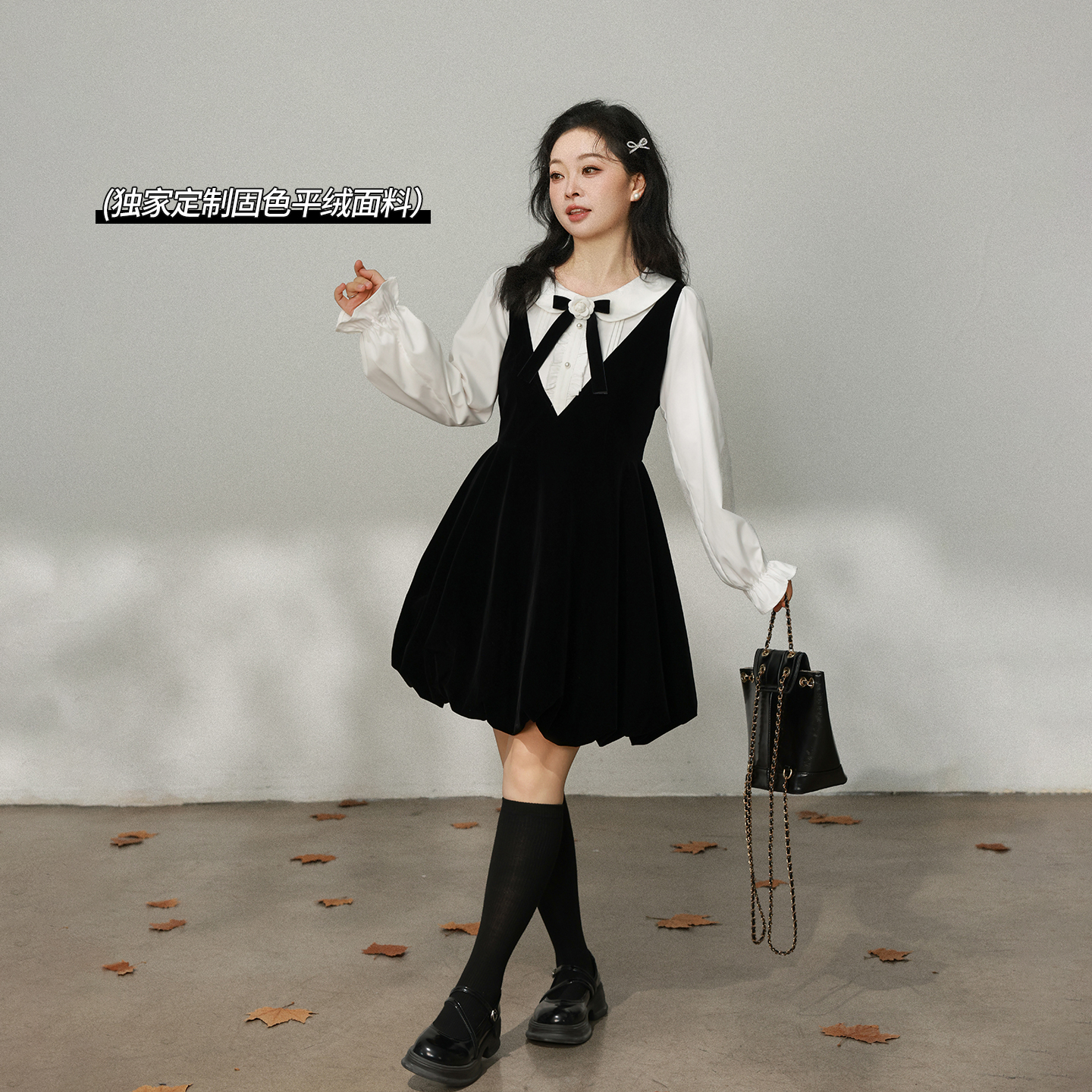 大码百分百女装微胖mm冬季甜美假两件娃娃领花苞丝绒连衣裙