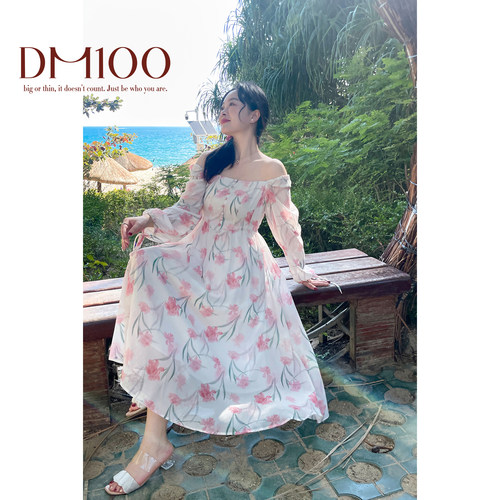 大码百分百2025春新款女装显瘦打底雪纺法式碎花方领连衣裙