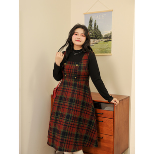 红色格纹背心裙圣诞新年套装 冬打底衫 百分百微胖mm女装 大码