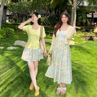 半身裙裙子 大码 百分百女装 夏季 微胖mm清新碎花松紧腰纯棉长短版
