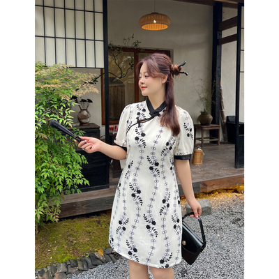 大码百分百女装新款夏季微胖mm【新中式连衣裙】改良旗袍印花裙子