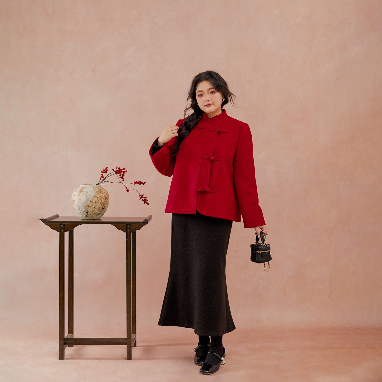 大码百分百微胖mm女装新年红中国风盘扣立领短款呢大衣夹棉短外套