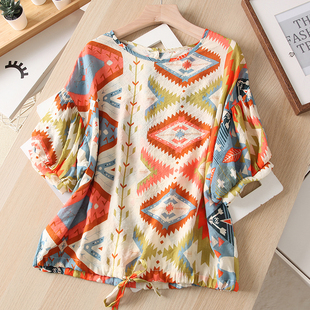 民族风！印花很好看~短袖衬衫女夏套头宽松百搭气质休闲舒适上衣