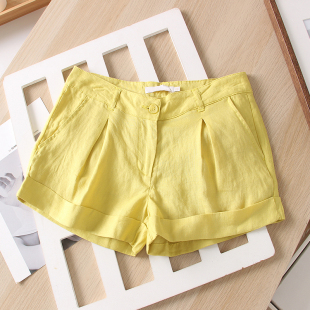 清爽柠檬黄 外穿阔腿裤 欧美风亚麻休闲短裤 女大码 热裤 俄罗斯单