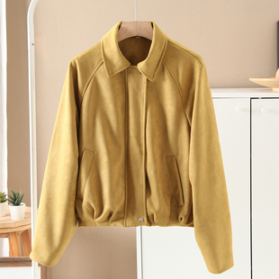 外贸女装秋季复古麂皮绒慵懒风宽松短款翻领夹克飞行员拉链外套潮