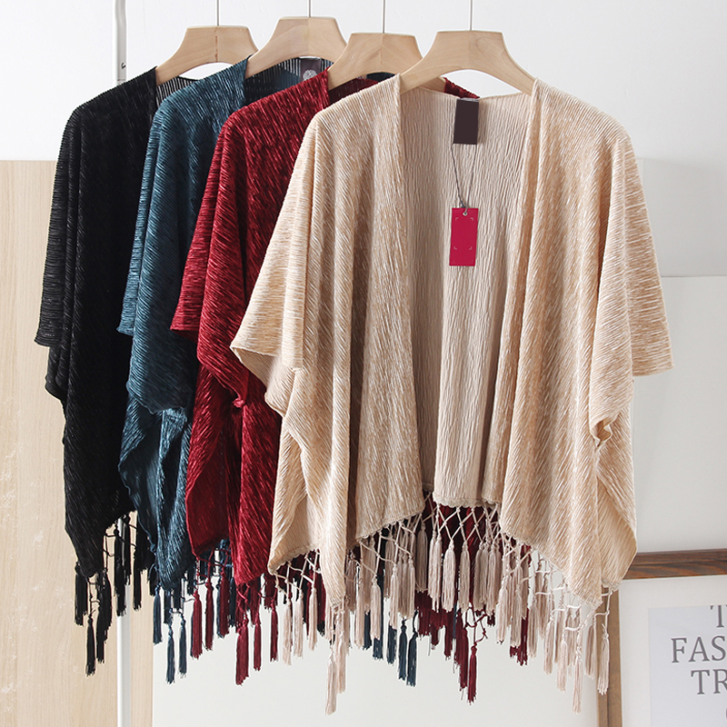 优雅丝绒亮丝肌理流苏披肩