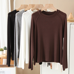 2025新品闲适慵懒范宽松插肩长袖软糯天丝羊毛混纺T恤上衣
