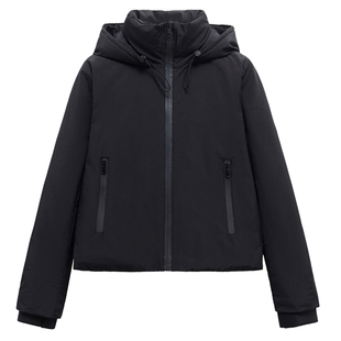 黑色显瘦箱型遮肉短款保暖夹克外套2025冬新品连帽长袖女棉衣棉服