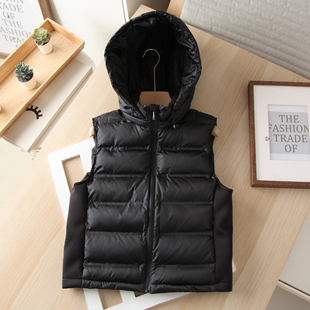 复古可脱卸连帽压胶绗缝拼接式修身保暖无袖短款棉服马甲背心马夹