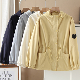 收腰连帽休闲外套女2025春秋新款 风衣夹克抽绳藏青色冲锋衣多色选