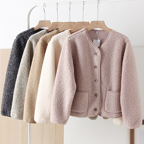 摇粒绒圆领开衫千金风外套女